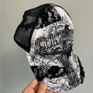 CRASH AND BURN Black and White Rhinestone & Lace Trucker Hat